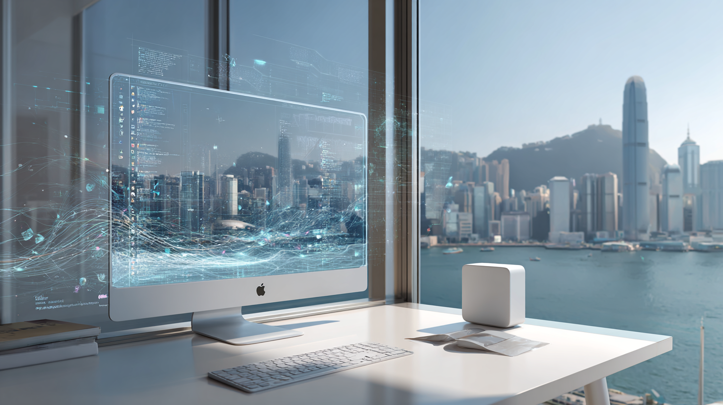 Mac mini AI Workstation with Hong Kong skyline